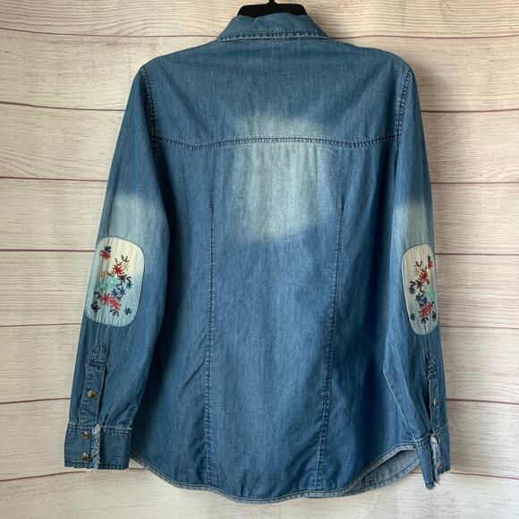 Tasha Polizzi Collection Denim Jean Button Up Shirt Embroidered Patchwork Size M - Picture 5 of 16